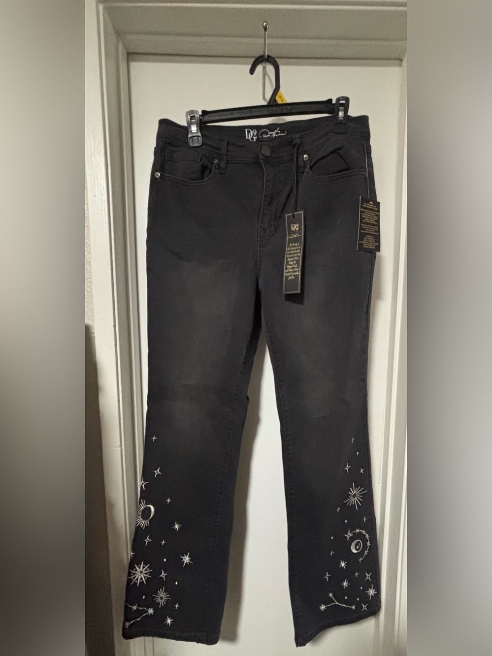 Black Flare Jeans with Metallic Celestial Embroidery